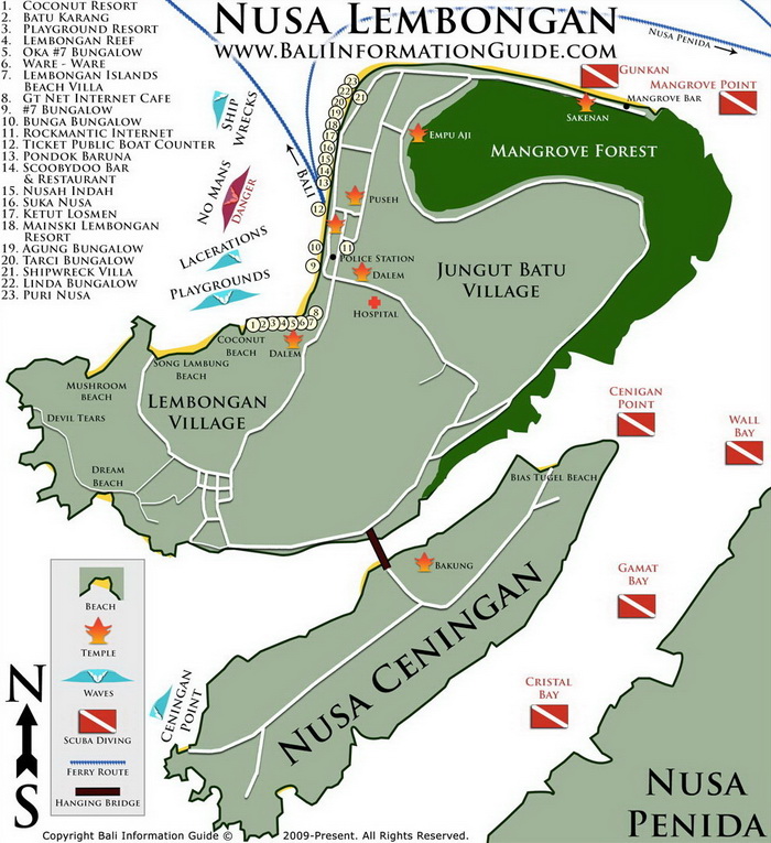 Peta Wisata Nusa Lembongan dan Nusa Ceningan. Peta dari BaliInformationGuide.com